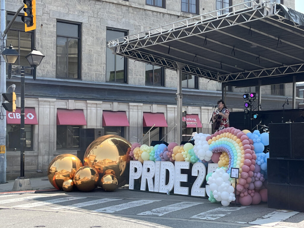 The main stage at Cambridge Pride in Galt, 2025