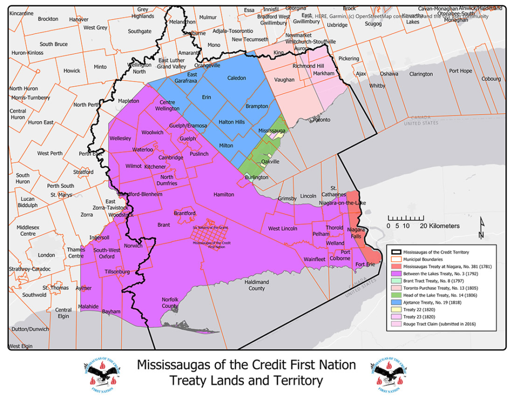 Mississaugas of the Credit First Nation Treaty Lands and Territory
This map details the geographic boundaries of the eight treaties that the Mississaugas of the Credit negotiated between 1781 and 1820. It also outlines the land in question under the Rouge Tract Claim, a land claim pertaining to unsurrendered traditional territory.
(map by Darin Wybenga, courtesy Mississaugas of the Credit First Nation)