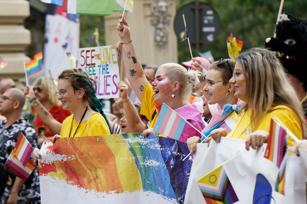 A pride parade with progress pride flags, trans flags, lesbian flags, and rainbow flags.